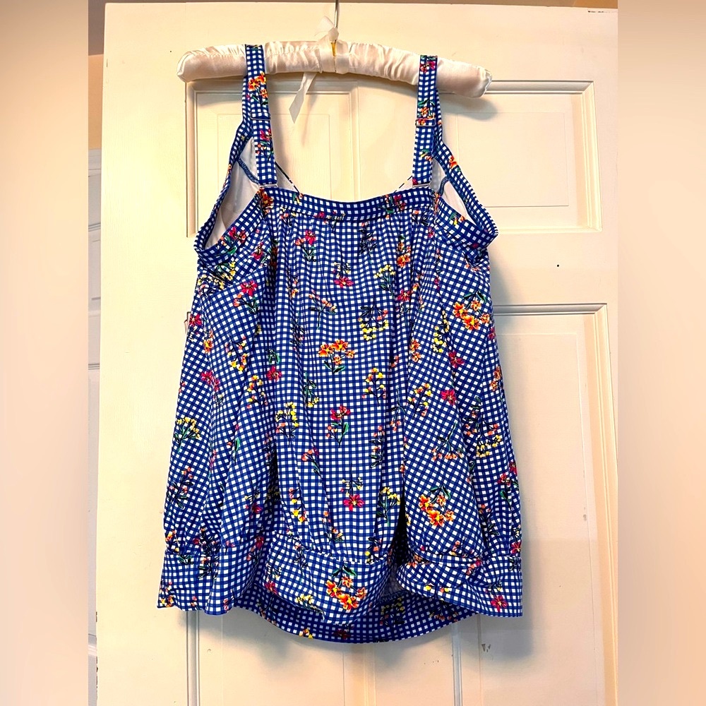 Lands' End Blue Checkered Floral swim top - Picture 2 of 3